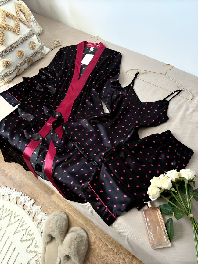 Silk 3Pcs Heart Printed Nighty & Pyjama Set