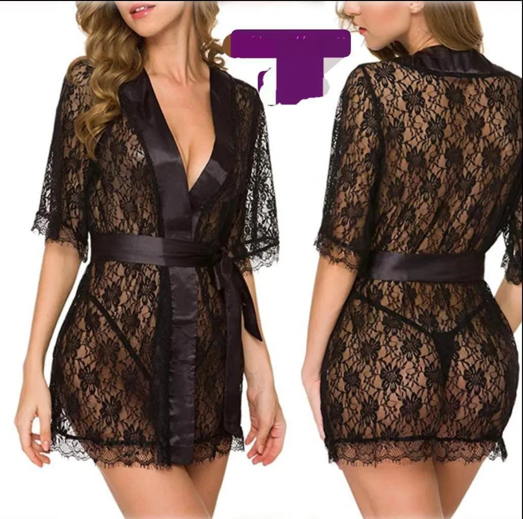 2 Pcs Women's Stitched Silk Lace-Work Night Gown