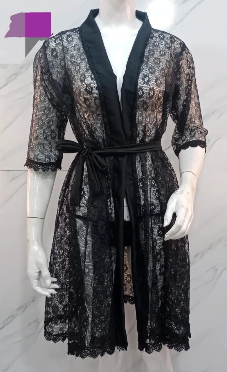 2 Pcs Women's Stitched Silk Lace-Work Night Gown