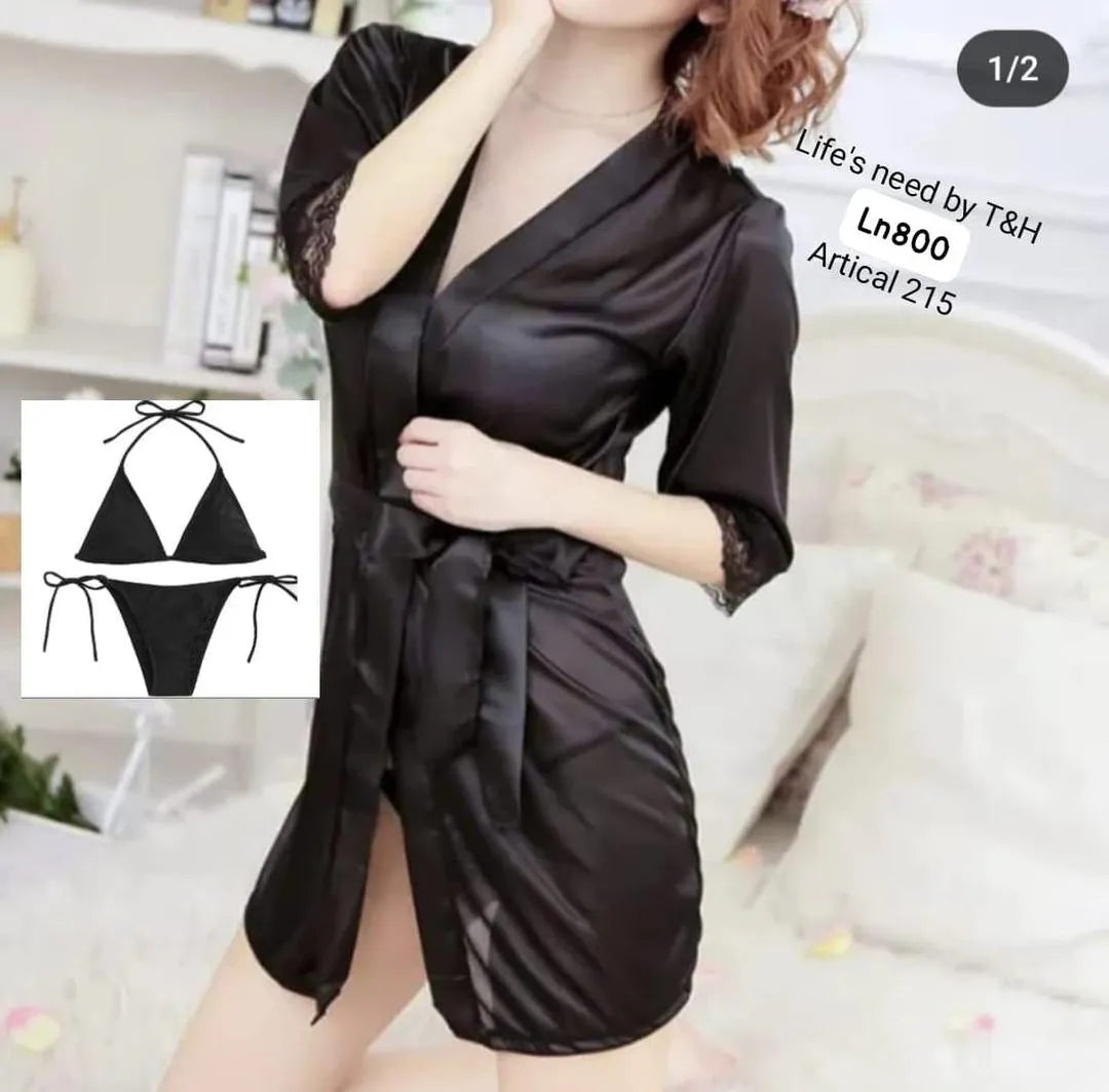 3 Pcs Women's Stitched Silk Plain Night Gown