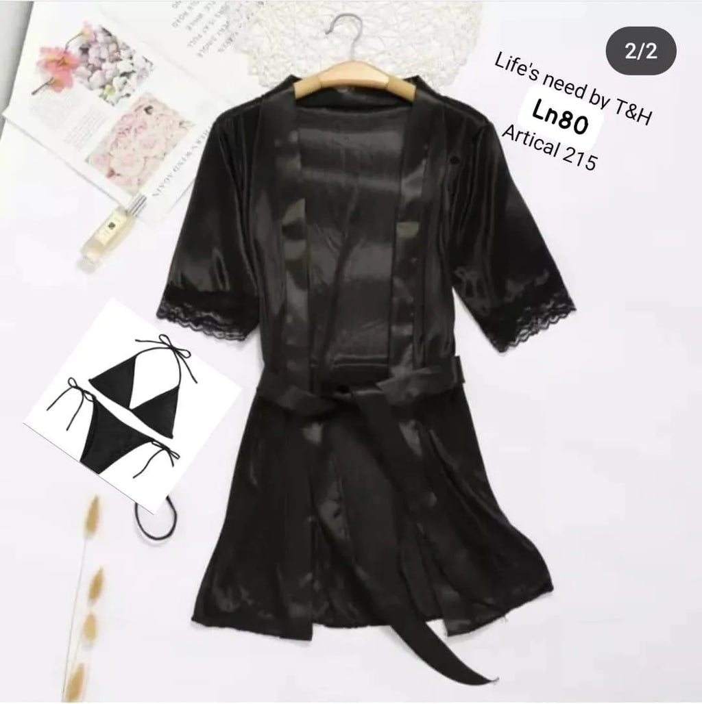 3 Pcs Women's Stitched Silk Plain Night Gown