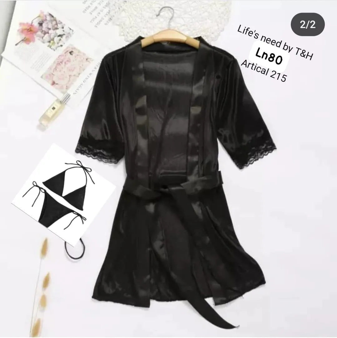 3 Pcs Women's Stitched Silk Plain Night Gown