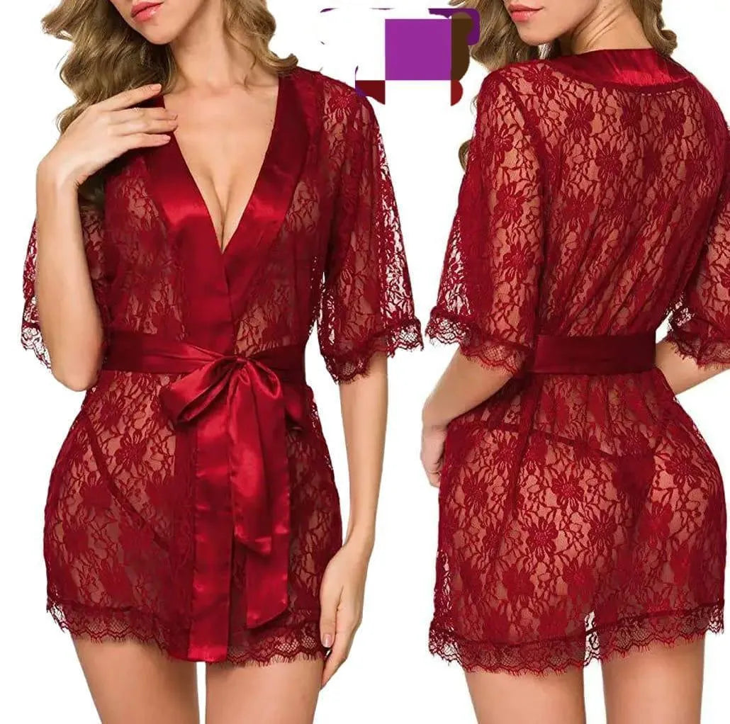 2 Pcs Women's Stitched Silk Lace-Work Night Gown
