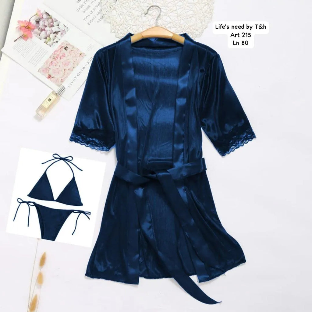 3 Pcs Women's Stitched Silk Plain Night Gown